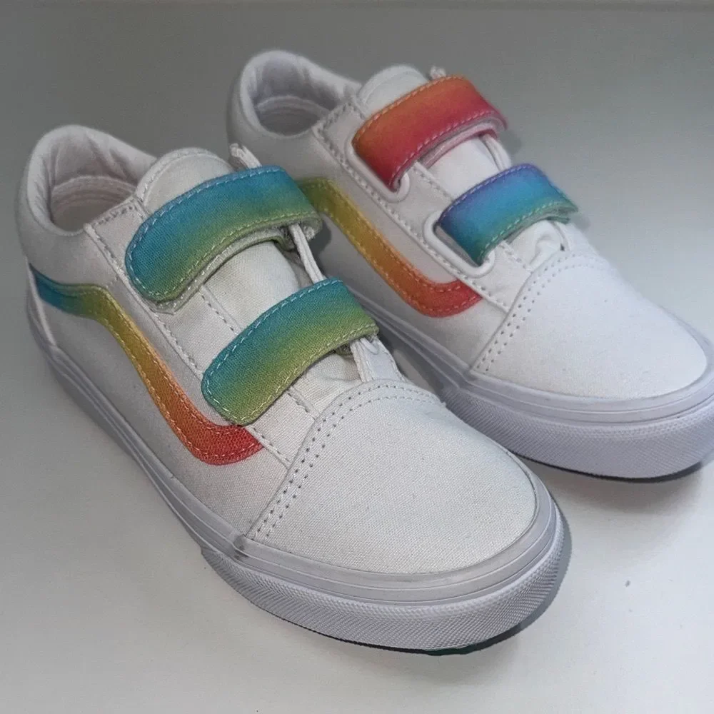 🔥Vans Kids White Sneakers with Rainbow Straps Sz 2 New